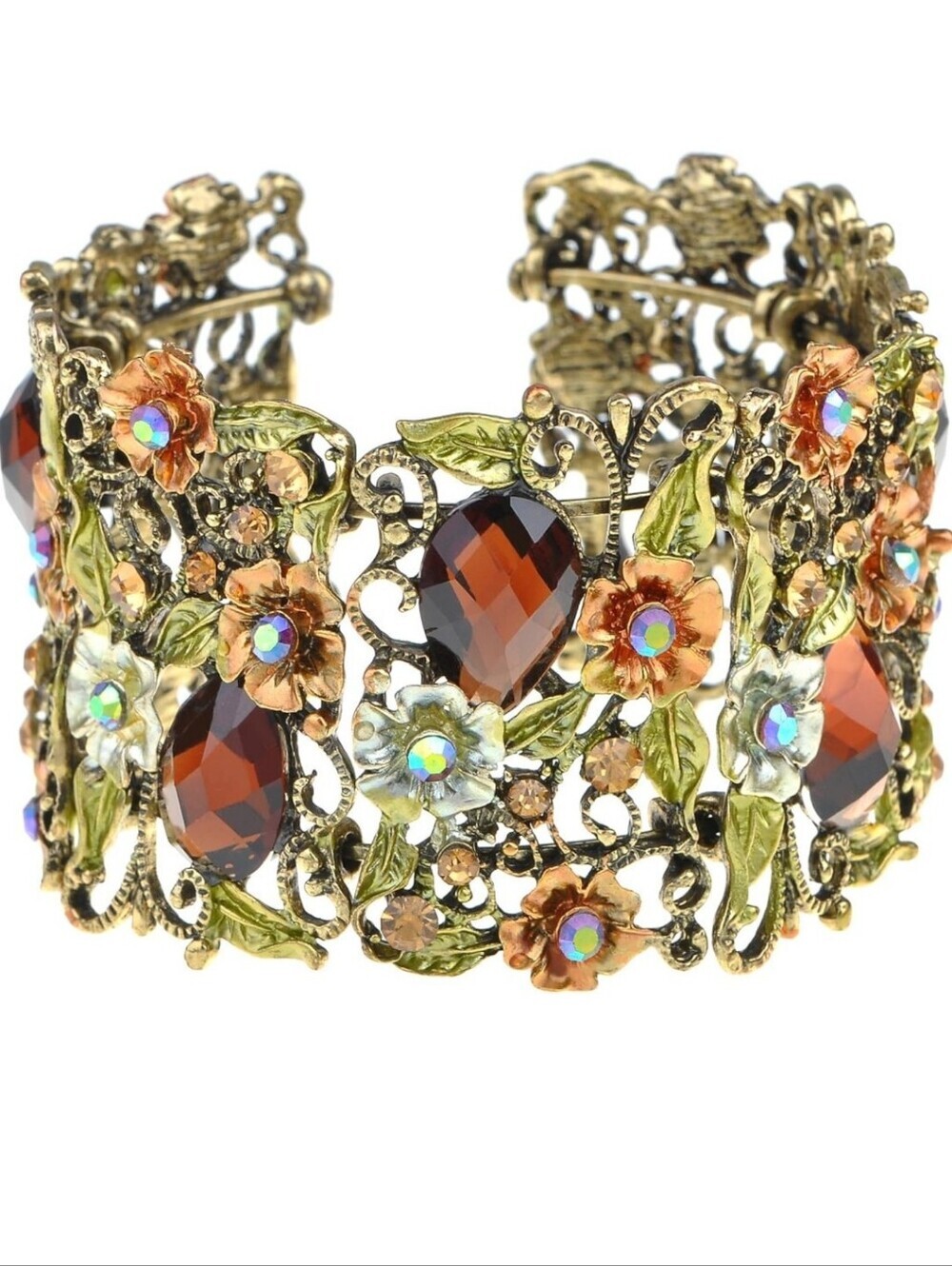Vintage-Inspired Floral Crystal Cuff Bracelet - Brown & Gold